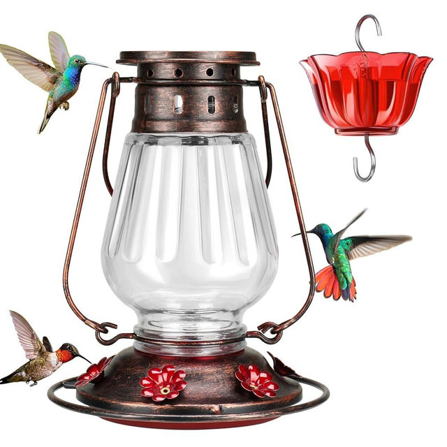 Kingsyard Glass Hummingbird Feeder for Outdoors Hanging - Vintage Lantern Style Leak-Proof Humming Bird Nectar Feeder with 6 Feeding Ports & Ant Moat for Outdoor Garden Decor, 24 Oz, Vintage Clear