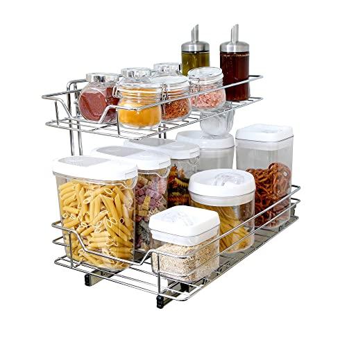 Smart Design 2-Tier Shelf Pull-Out Cabinet Organizer - Medium - Roll-Out Extendable Sliding Drawer - Steel Metal - Holds 100 lbs. - Cabinets, Cookware, Bakeware Items - Kitchen (14 x 18-32) [Chrome]