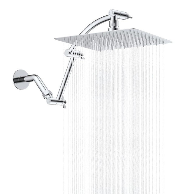 Hibbent All Metal cUPC Certified Rain Shower Head, 10'' High Pressure Rainfall Showerhead with 16" Shower Head Extension Arm, Solid Brass Adjustable Shower Arm Extender, fixed Showerheads, Chrome