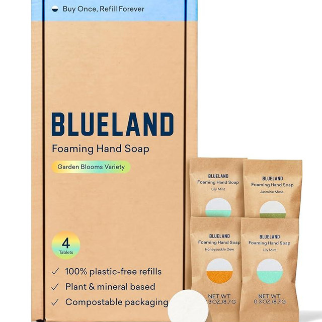 BLUELAND Foaming Hand Soap Refill Tablets, 4-Pack, Garden Blooms Variety Scents, Eco Friendly Cleaning Products, 4 x 9 Fl oz