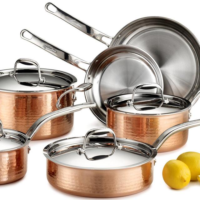 Lagostina Martellata Hammered Copper 18/10 Tri-Ply Stainless Steel Cookware Set, 10-Piece, Copper