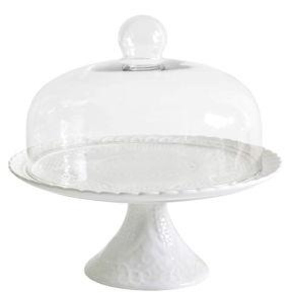 Jusalpha® 12 Inches White Porcelain Decorative Cake Stand-Cupcake Stand (CS01 - Glass Dome)