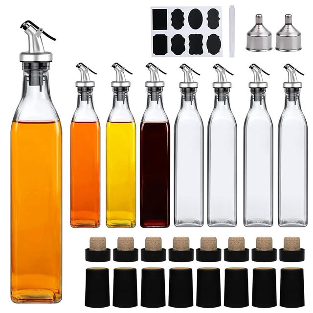 Salzesfalls Oil Dispenser Bottle,500ml Vinegar Glass Bottle Set,Clear Cruet with Pourers and Corks for Kitchen,8 Pack