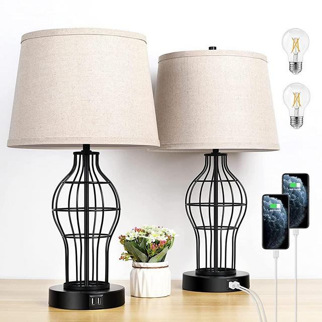 Set of 2 Touch Control Table Lamp with USB Ports, 3-Way Dimmable Farmhouse Bedside Nightstand Lamps Fabric Shade for Bedroom Living Room End Tables, LED Bulbs Included