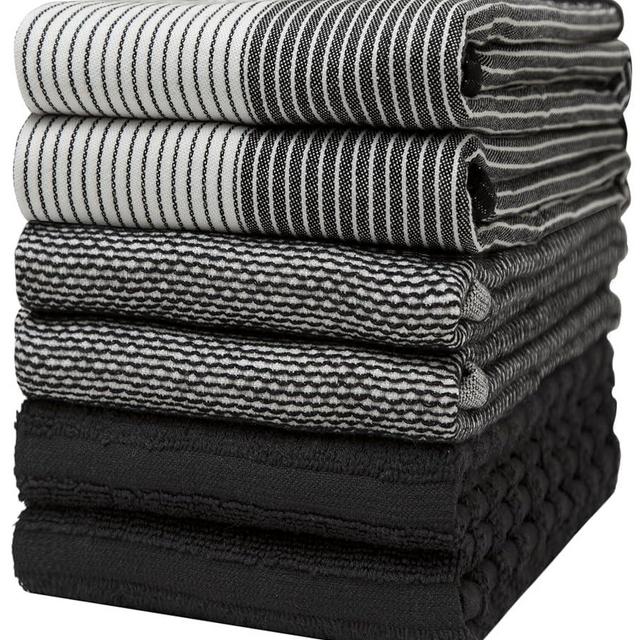 Premium Kitchen Towels (20”x 28”, 6 Pack) | Large Cotton Kitchen Hand Towels | Dish Towels | Flat & Terry Towel | Kitchen Towels | Highly Absorbent Tea Towels Set with Hanging Loop | Black