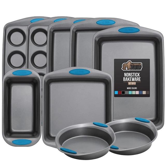Gorilla Grip Bakeware Sets, Nonstick, Heavy Duty Carbon Steel, 9 Piece Baking Set, Silicone Handles, 2 Large Cookie Sheets, 2 Round Cake Pans, 2 Muffin Pans, Loaf Pan, Oven Roaster, Square Pan, Aqua