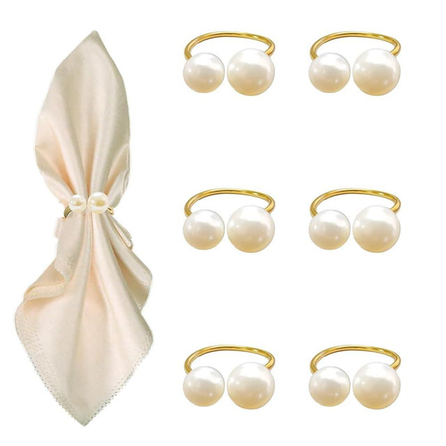 6 Pcs Gold Napkin Rings - Pearl Napkin Rings,Metal Napkin Ring for Table Settings Wedding Christmas Party Dinner Table