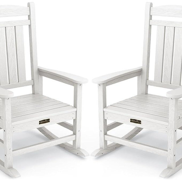 SERWALL Outdoor Rocking Chair Set of 2, HDPE Patio Rocking Chair All-Weather Porch Rocker for Balcony, Yard, White