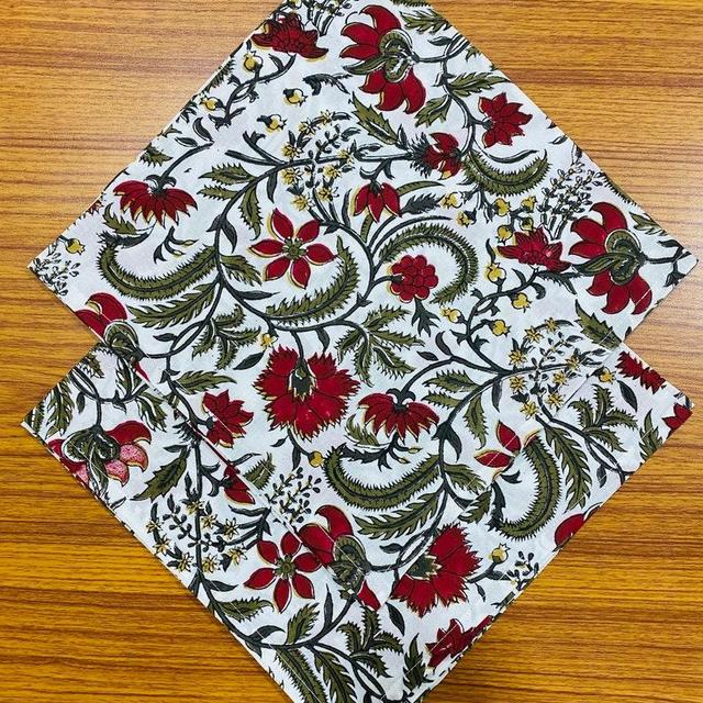 Prune Red, Army Green Indian Floral Hand Block Floral Print Pure Cotton Cloth Napkins (set of 6, 20 x 20 inches)