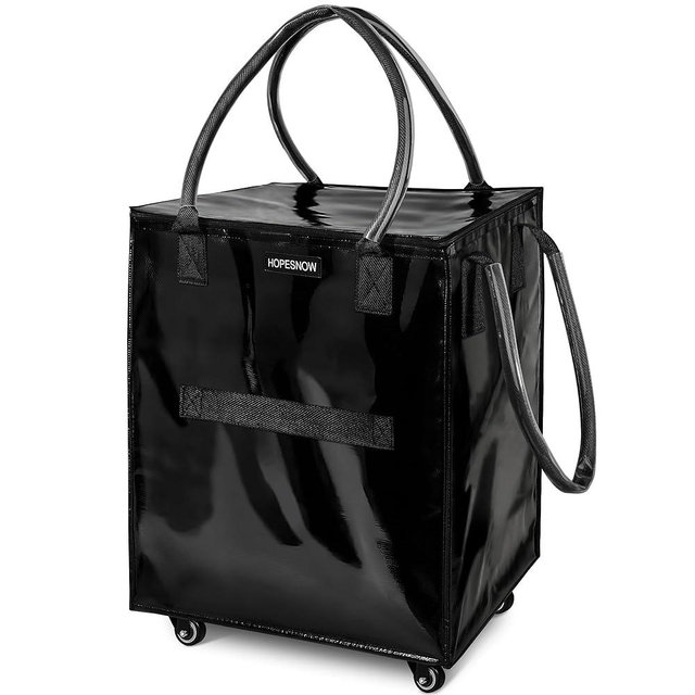 Hopesnow Reusable Grocery Bag on Wheels, Foldable Rolling Tote Bag with Wheels and Handle, Shopping Trolley Zipper Closure, Lightweight Black Bag Capacity Up to 66 lb, Black, Large