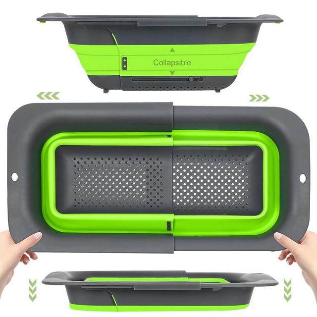 ROTTOGOON 7Qt Collapsible Colander Strainer, Expandable Over the Sink Colander, Adjustable Silicone Kitchen Sink Strainer, Foldable Large Colander Basket to Wash Vegetable, Fruit, 15" to 19.8", Green