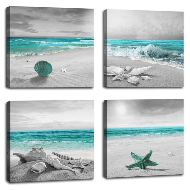 BQVCT 4 panels green ocean beach wall decoration for bathroom beach canvas prints natural pictures home artwork bedroom living room wall art ready to hang size: 12x12inch/set