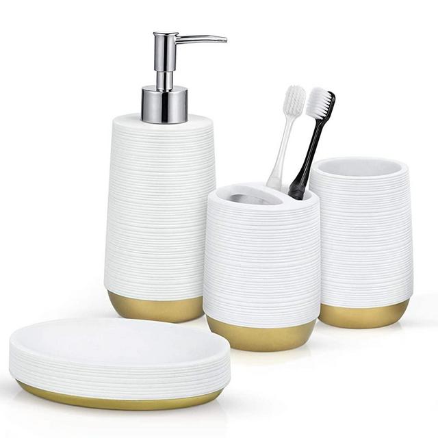 TONIAL Bathroom Accessories Set 4 Piece Resin Bathroom Decor Set with Soap/Lotion Dispenser, Toothbrush Holder, Soap Dish, and Tumbler, White