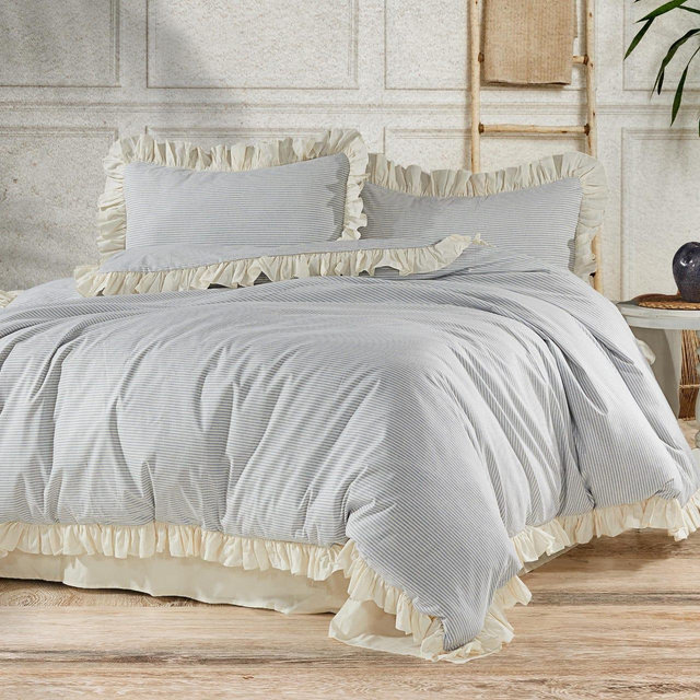 100% Cotton Ruffled Boho Duvet Cover Set, Elegant Design with Yarn Dyed Striped Fabric for Coquette Room Decor, 4 Pieces Bedding Set
