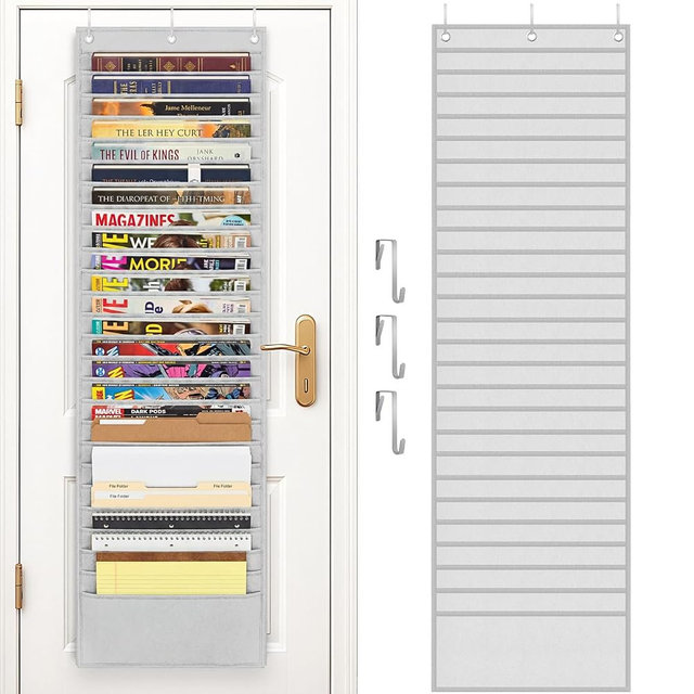 Over The Door File Organizer with 26 Large Pockets, Office Hanging Magazine Holder, 600D Oxford Fabric Tear-Resistant Door Organizer for Mail Paper Documents,Magazine Rack for Office Home School(Gray)
