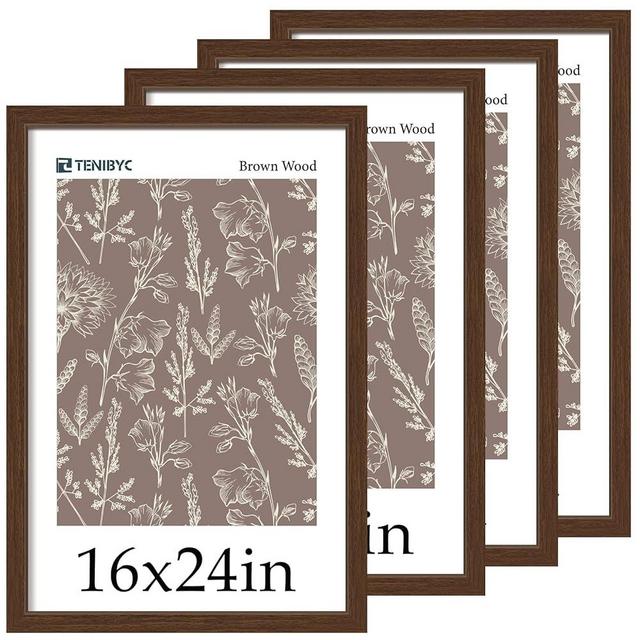 TENIBYC 16x24 Wood Frame - 4 Pack, Brown Wood Grain, Display 16x24 or 24x16 Photos, Posters and Puzzles, Picture Frame for Wall