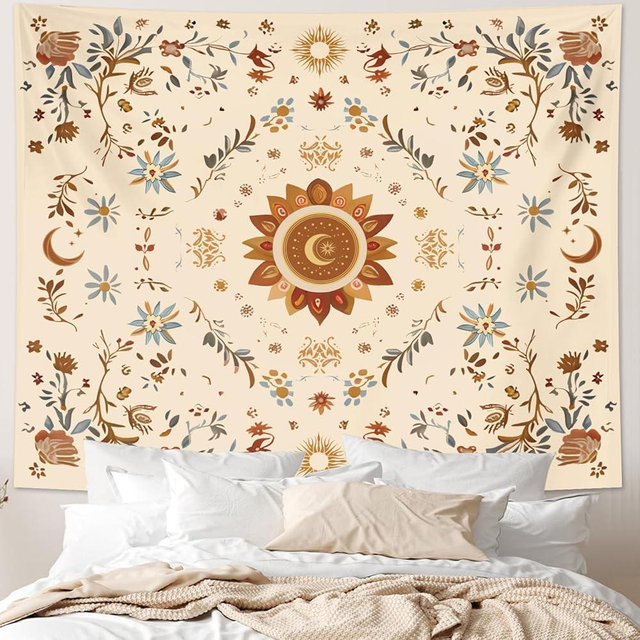 Boho Sun Floral Tapestry Wall Hanging Bedroom Aesthetic, Bohemian Vintage Moon Girl Room Decor Tapestries, Cute India Hippie Outdoor Wall Covering for Living Room Dorm (51"X60")