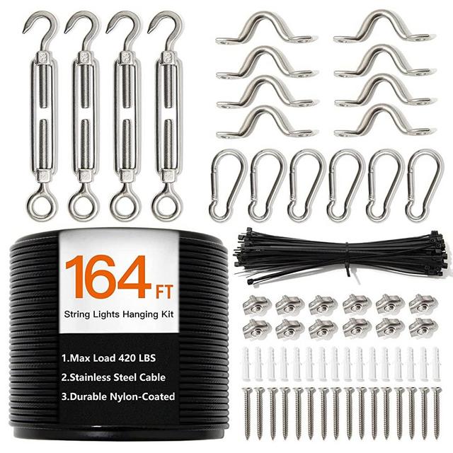 addlon - 164 FT Nylon Coated Stainless Steel Cable Hanging Kit for Outdoor String Lights, Stainless Steel Corrosion Resistant, Outdoor String Light Suspension kit Guide Wire for Patio, Garden