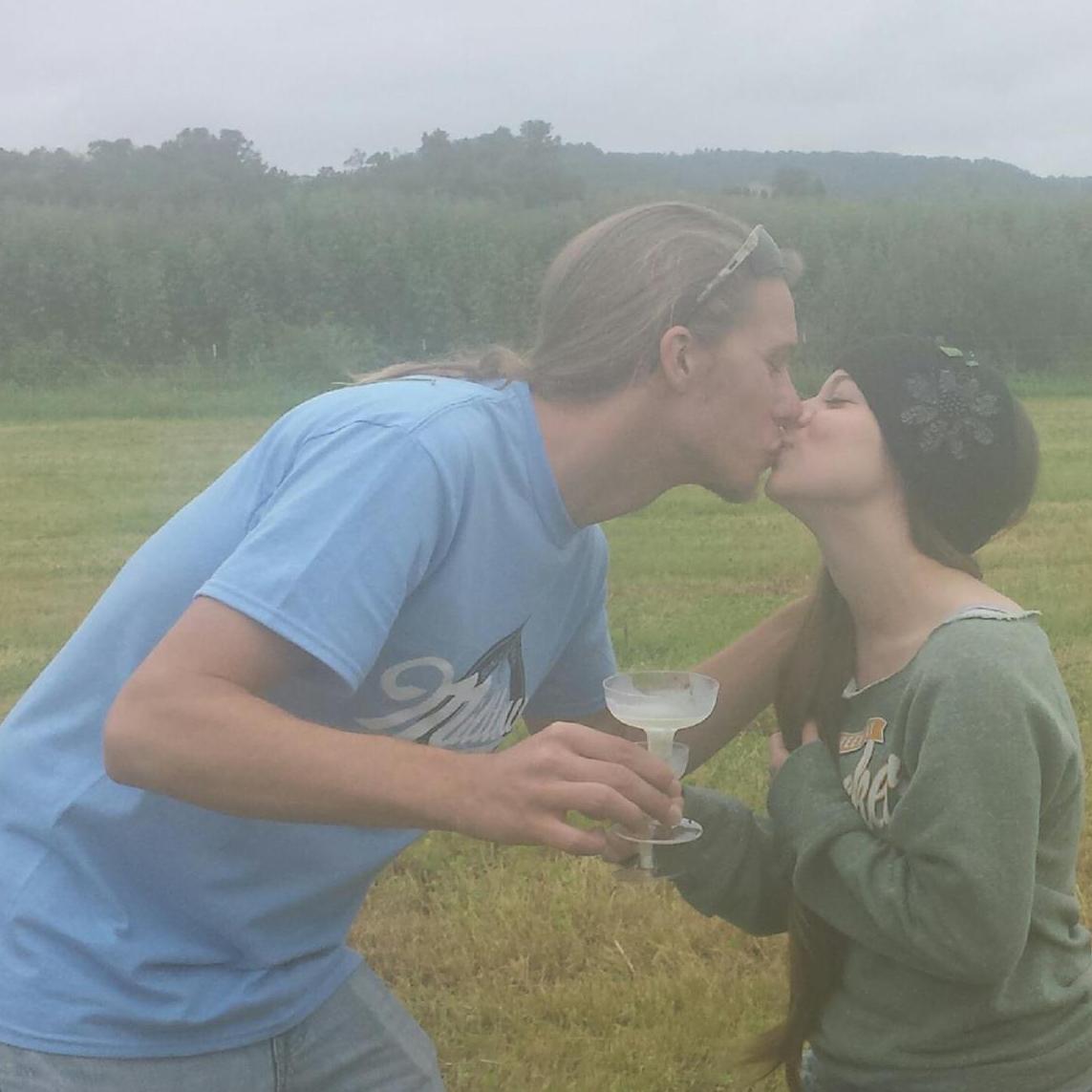 Champagne kiss after our hot air balloon ride!