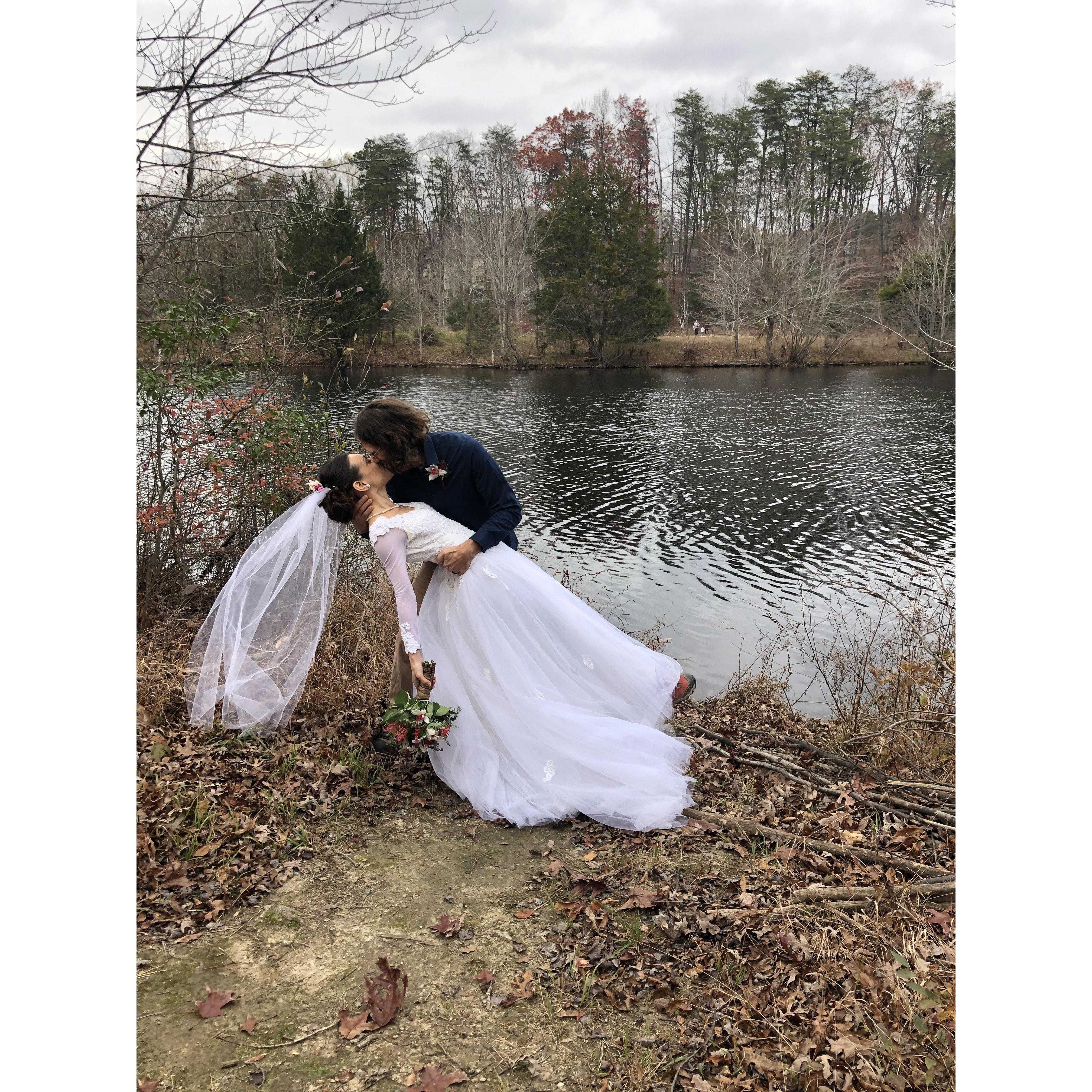 The newlyweds sharing a dip and kiss:)