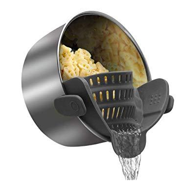 Clip-on Siliconer pasta strainer,Fits all Pots and Bowls Even with a lip,Colander & Drainer, Pan Strainer- Spaghetti, Ground Beef Grease, Vegetables Strainer,PBA Free(Gray)