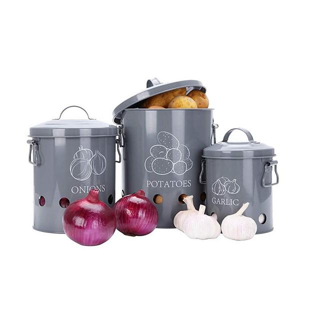 G.a HOMEFAVOR Set of 3 Antique Cream Vintage Potato Onion Kitchen Storage Canisters Jars Pots Containers 3 Pack Set, Potatoe, Garlic Bin Caddy, With Aerating Tin Storage Holes & Metal Lid, Grey