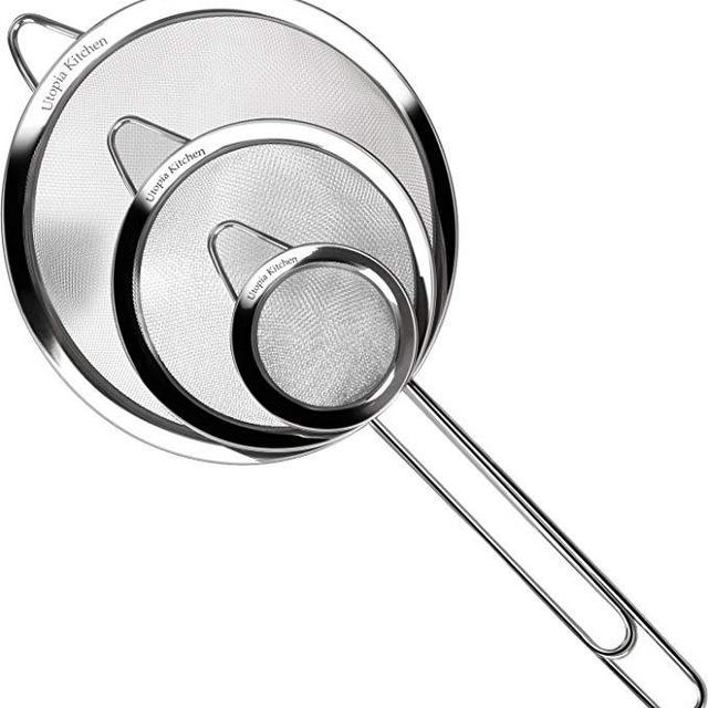 Utopia Kitchen Set of 3 Stainless Steel Mesh Strainer Colander Sieve with Handles - Small, Medium and Large - Ideal for Straining Quinoa, Spaghetti, Yogurt, Tea and More