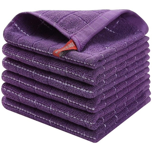 Homaxy 100% Cotton Terry Kitchen Dish Cloths, Ultra Soft and Absorbent Dish Towels for Kitchen, Perfect for Drying and Washing Dishes, 6 Pack, 12 x 12 Inches, Purple