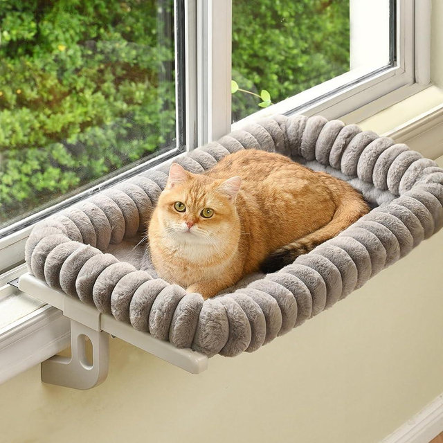 Zoratoo Cloud-Cuddle Cat Window Perch with 4-Sided Bolster, Zipper Design Cushion Window Seat for Window Sill, Sturdy Metal Frame & Easy Assembly Pet Hammock Bed for Indoor Cats (Gray, Large)