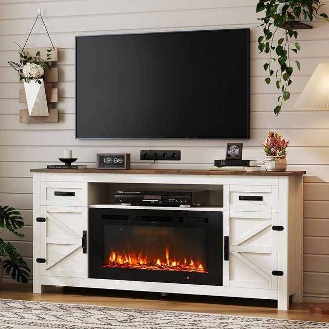 Nordivale Fireplace TV Stand with Barn Door for TVs up to 80", Farmhouse 70" Fireplace Entertainment Center with Storage Cabinets, White TV Stand and Black Fireplace