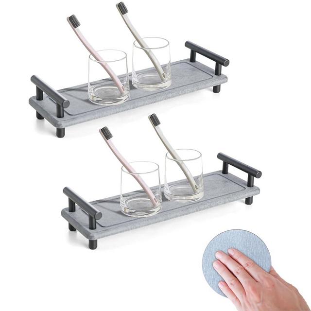 2Pcs Instant Dry Sink Caddy, Kitchen Sink Organizer, Sponge Holder for Kitchen, Diatomaceous Earth Bathroom Organizer with Handle, Water Absorbing Stone Tray for Sink, Grey