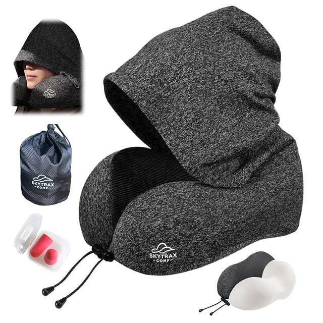 Travel Pillow with Extra Large Hood for Airplane Long Flights Privacy and Comfort Memory Foam with Skin-Friendly Cover for Road Trip Head&Neck Support for Plane Office Cars Sleeping & Rest (Grey)