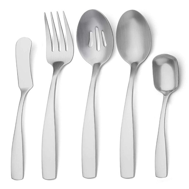 Bysta Serving Utensils Set, Matte Silver 5-Piece Hostess Set, Stainless Steel Silverware Flatware Cutlery Serving Set, Satin Finish, Dishwasher Safe