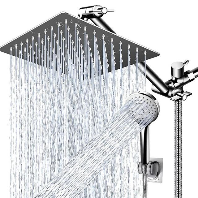 12 Inch Shower Head Combo,High Pressure Rain Shower Head with 11 Inch Adjustable Extension Arm and 5 Settings Handheld Shower Head Combo,Powerful Shower Spray Against Low Pressure Water with Long Hose