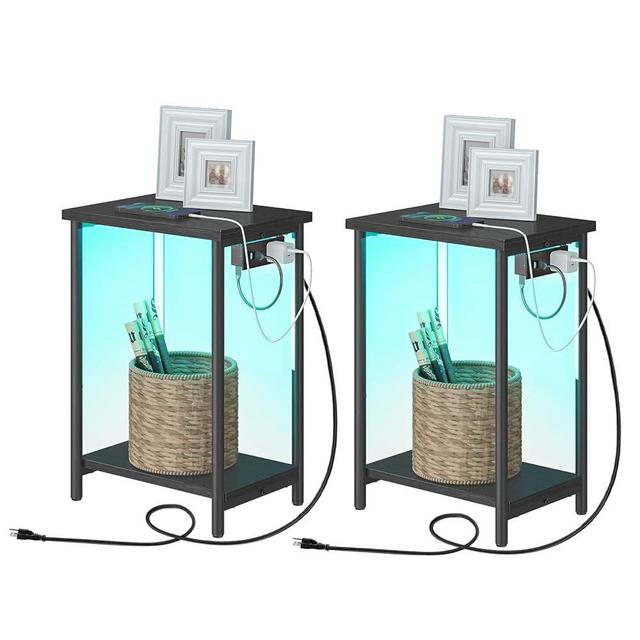 HOOBRO Set of 2 Side/End Tables with Charging Station, LED Side Tables with 2-Tier Storage Shelves, Small Night Stands, for Small Spaces, Living Room, Bedroom, Black BB119UDBZP201