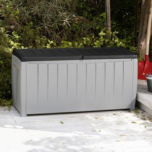Best Selling Solid Resin Plastic Weather Water Resistant Two-Tone Gray/Black 90-Gallon Outdoor Deck Storage Box Bench Seat- Durable Chip Resistant Deep Storage Compartment- Easy Lift Lid- Deck Pool
