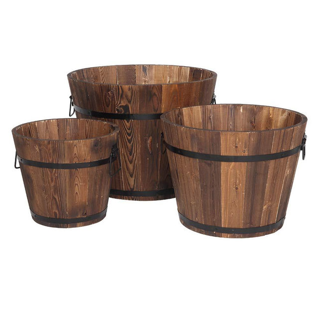 BNSPLY 3 Pcs Wooden Planter Barrel Set, Outdoor Flower Pots with Handle & Drainage Holes, Rustic Whiskey Barrel Planter for Plants, Herbs, Veggies, Indoor Outdoor Use
