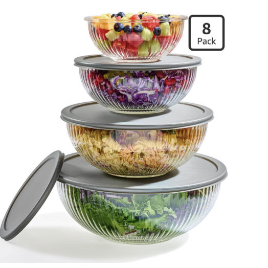 8pc Ribbed Glass Mixing Bowls with Leakproof Airtight Lids - BPA-Free Meal Prep Stackable Space Saving Nesting, Kitchen Baking Food Storage & Serving Containers - Microwave, Freezer, Dishwasher Safe.