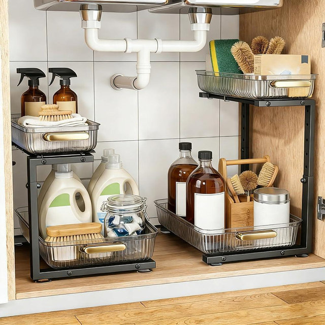 ARSTPEOE Under Sink Organizer - 2 Packs Multi-Purpose Pull-Out Storage Organizers, Slide out Pull out Cabinet Organizer Shelf, Storage for Kitchen Bathroom, Clear