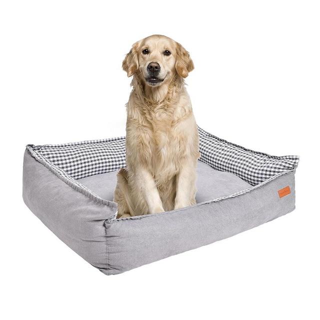 Mikohockey 100% Cotton Dog Bed for Medium Dogs Washable Dog Beds with Soft Removable Cover Waterproof and Nonskid Leather Bottom Raised Side Walls Head and Neck Support Gray&White Color