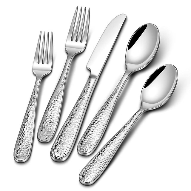 Stapava 40-Piece Hammered Silverware Set, Heavy Duty Stainless Steel Flatware Set for 8, Food Grade Cutlery Utensils Set for Home Restaurant and Hotel, Mirror Polished, Dishwasher Safe