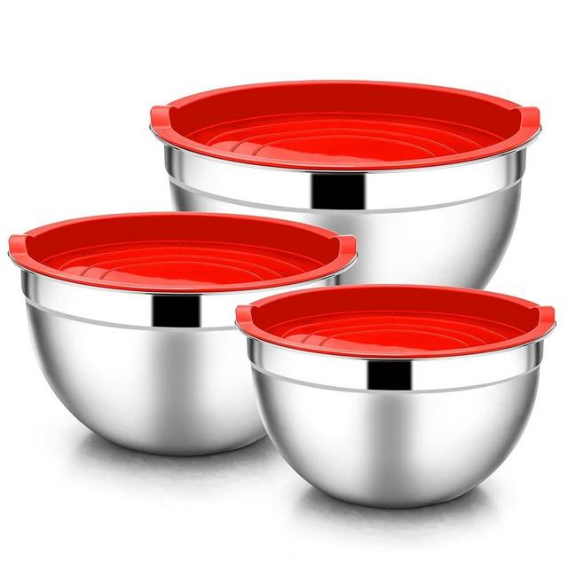E-far Mixing Bowls with Lids, 6-Piece Stainless Steel Salad Bowls Metal Nesting Bowls for Baking Cooking and Prepping, Airtight Lids & Stackable Design, Size 4.5, 3, 1.5 QT (Red)