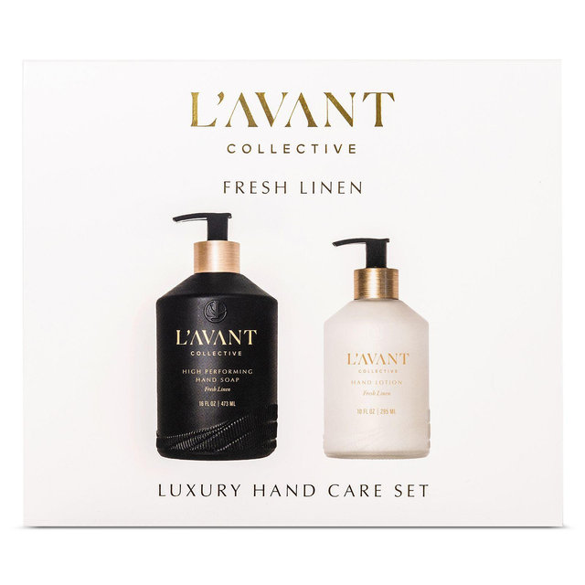 L'AVANT Collective Hand Care Box Set Fresh Linen Black Hand Soap, Hand Lotion 16 oz.