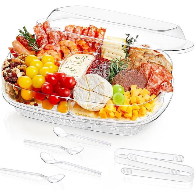 Lifewit Chilled Serving Tray with Lid, 15" Shrimp Cocktail Platter with with 2 Sauce & 4 Food Compartments, Divided Serving Bowl for Veggie, Taco, Fruit, Salad, Mimosa Bar Supplies in Party/Buffet