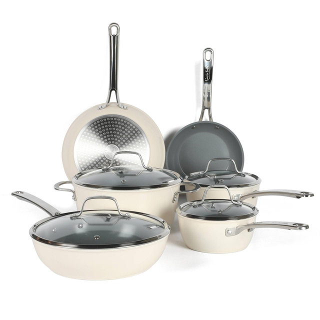 Sur La Table Kitchen Essentials 10pc Titanium Ceramic Nonstick Aluminum Set Linen White: Cookware for Gas & Electric