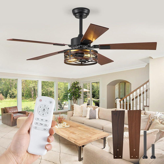 Fanbulous Farmhouse Ceiling Fans with Light, 48 Inch Bedroom Ceiling Fan with Lights, 6-Speed Adjustable, Quiet and Reversible DC Motor, 5 Dual Finish Blades, Rustic Caged Ceiling Fan for Living Room