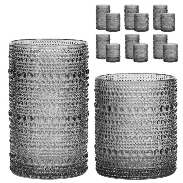 Moretoes Hobnail Drinking Glasses, 12 Piece Gray Water Glass Cups, Mixed Vintage Glassware Set, 6pcs 12oz Highballs and 6pcs 10oz old Fashioned Glasses, Great for Cocktail, Whisky and other Beverages