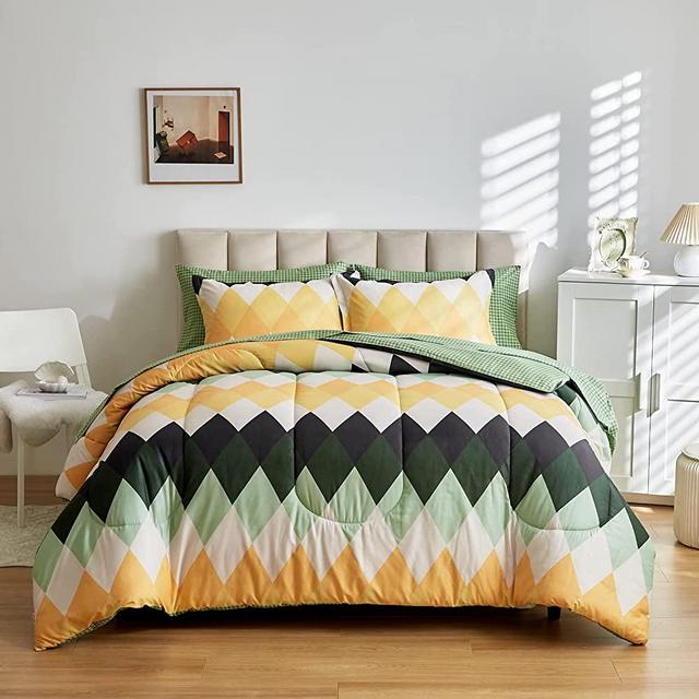 Rhombus Comforter Sheet Set 7 Pieces Bed in a Bag White Green Yellow Diamond King Size (1 Comforter 2 Pillow Shams 1 Flat Sheet 1 Fitted Sheet 2 Pillowcases)