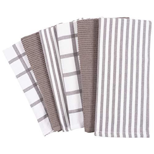 Mixed Flat & Terry Kitchen Towels | Two Sets of 3 18 x 28 Inches | 4 Flat Weave Towels for Cooking and Drying Dishes and 2 Terry Towels, for House Cleaning and Tackling Messes and Spills (Dark Gray)