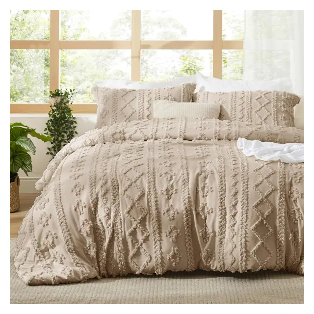 3Pcs Tufted Boho Farmhouse Shabby Chic Embroidery Khaki King Size Comforter Set - Bedsure